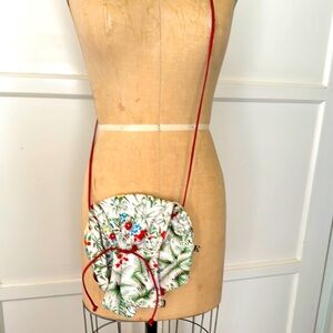 Carlos Falchi Red and Green Shoulder Bag with Botanical Design